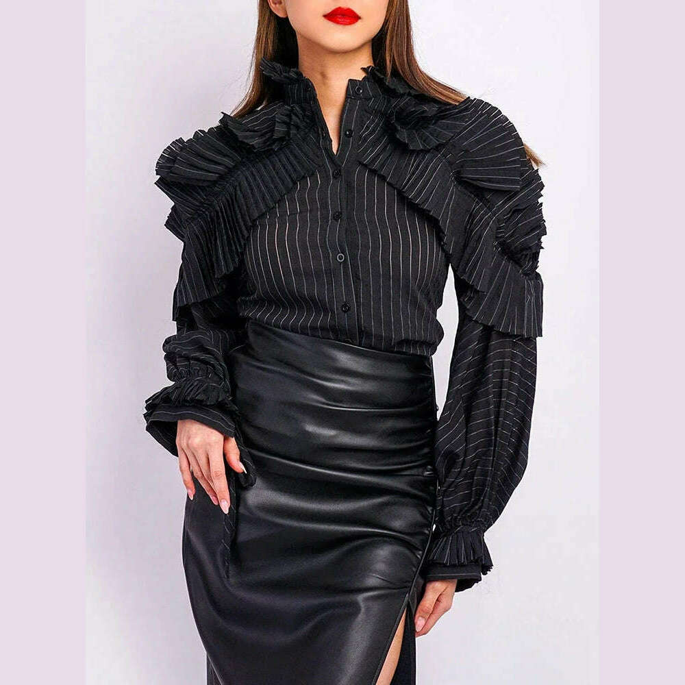 VGH Patchwork Ruffles Striped Casual Blouses For Women Stand Collar Lantern Sleeve Spliced Single Breasted Chic Shirts Female Romantic Lace Blouse VGH Patchwork Ruffles Striped Casual Blouses For Women Stand Collar Lantern Sleeve Spliced Single Breasted Chic Shirts Female Romantic Lace Blouse