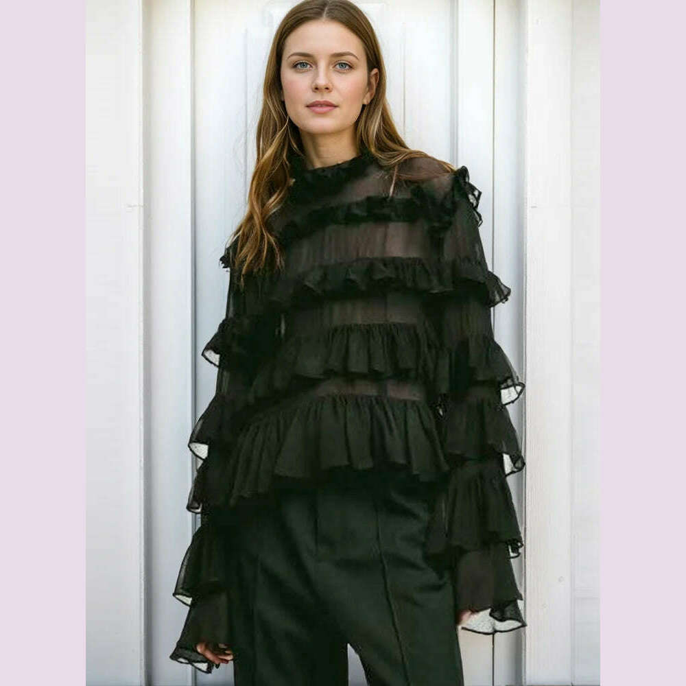 VGH Solid Patchwork Ruffles Elegant Shirts For Women Stand Collar Long Sleeve Minimalist  Loose Blouses Female Fashion Style New Elegant Lace Blouse