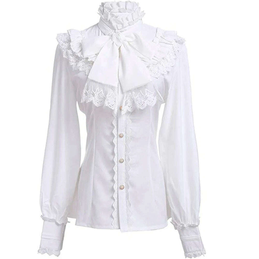 Victorian Women's Ruched Lace Shirts And Blouses Gothic Lolita Vintage Long Sleeve Lotus Ruffle Solid Black White Tops Shirt Lightweight Linen Blouse