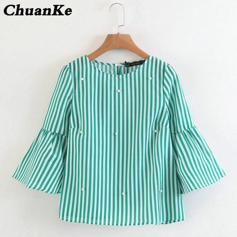 2018 New women elegant pearls beading striped shirt flare sleeve O neck Blouses ladies summer brand casual tops Tees blusas Ruffled Neck Blouse 2018 New women elegant pearls beading striped shirt flare sleeve O neck Blouses ladies summer brand casual tops Tees blusas Ruffled Neck Blouse
