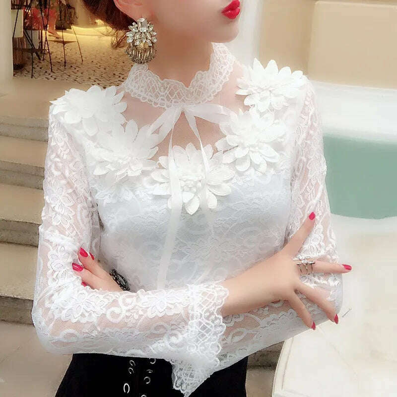 2018 Spring Autumn Women Long Sleeve Blouse Sweet Floral Hollow Lace Shirt Female Bow Mesh Blouses Short Bottoming Tops AB1138 Lightweight Floral Blouse 2018 Spring Autumn Women Long Sleeve Blouse Sweet Floral Hollow Lace Shirt Female Bow Mesh Blouses Short Bottoming Tops AB1138 Lightweight Floral Blouse