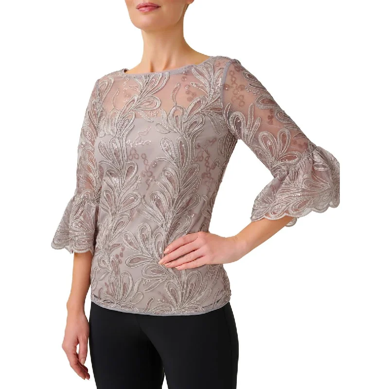 Adrianna Papell Womens Embroidered Sequined Blouse Casual Button Blouse