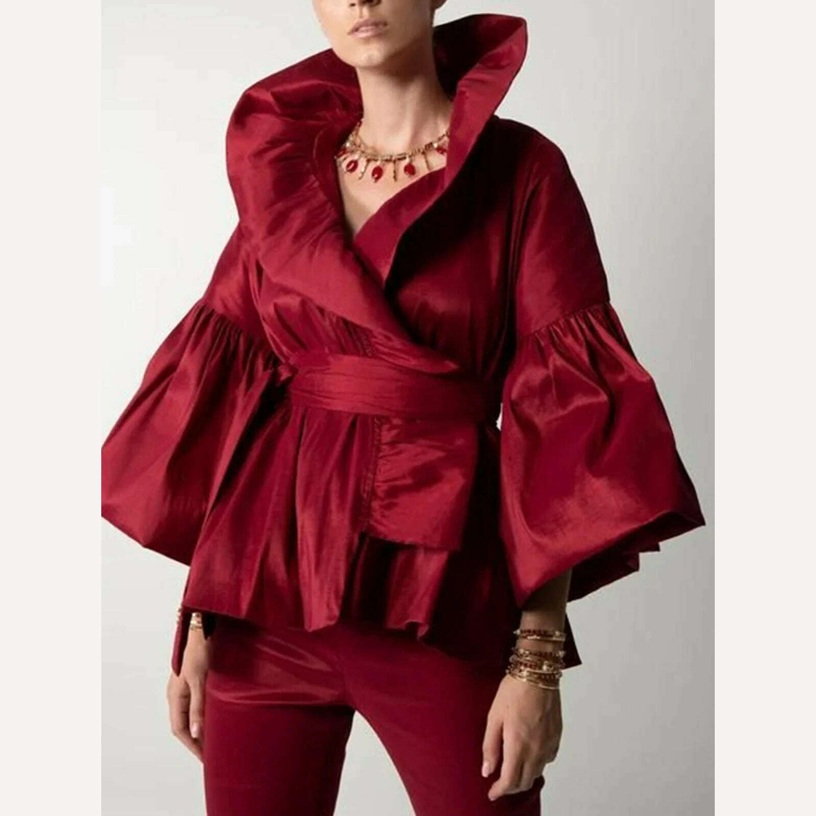 Casual Puff Long Sleeve Ruffles Blouse Office Lady Solid Color Women Wrap Shirts Lapel Collar Elegant Shirt Woman Fashion Female Embroidered Cotton Blouse