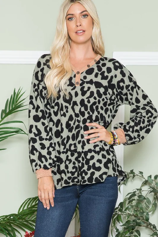 Celeste Full Size Leopard V-Neck Long Sleeve Blouse Floral Print Blouse