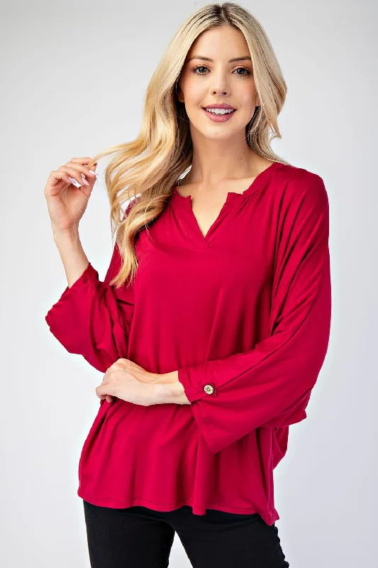 Celeste Full Size Notched Three-Quarter Sleeve Blouse Mandarin Collar Blouse