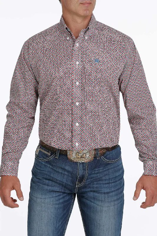 Cinch Men's Long Sleeve Red White Blue Print Shirt Embellished Collar Blouse
