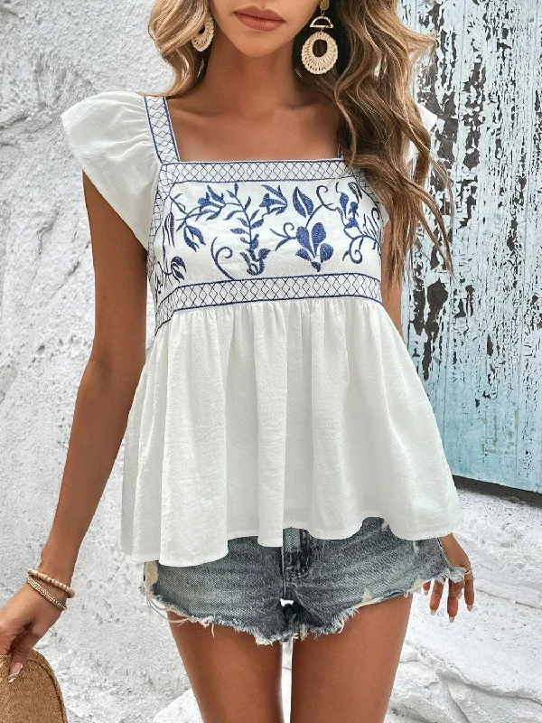 Embroidered Cap Sleeve Blouse Elegant Semi-Sheer Blouse