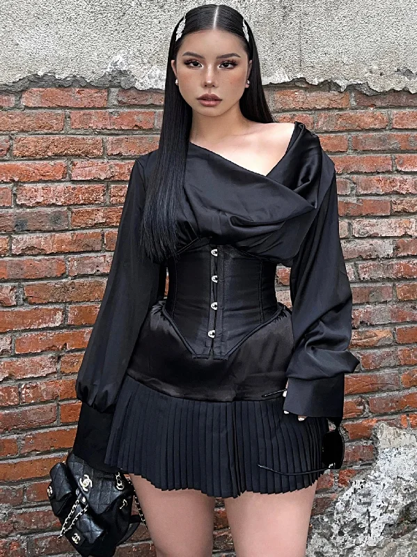 SYNEZ Gaia Solid Color Satin Loose Blouse + Pressed Pleated Panels Satin Skirt Matching Set Sleeveless Summer Blouse SYNEZ Gaia Solid Color Satin Loose Blouse + Pressed Pleated Panels Satin Skirt Matching Set Sleeveless Summer Blouse