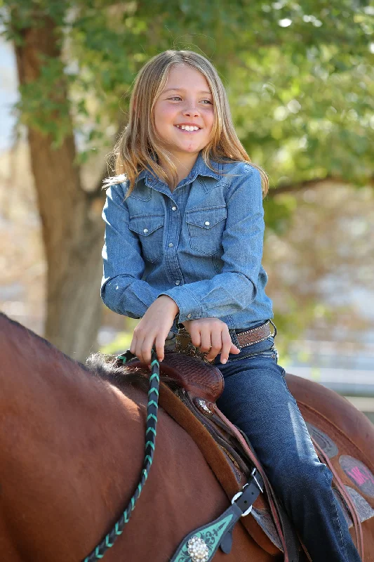 Girls Long Sleeve Snap Chambray Denim Shirt Lightweight Floral Blouse