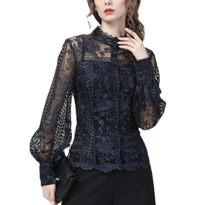 Ladies Embroidered Floral Tulle Blouse Women Hollow Out Lantern Sleeve Bodycon Button-Down Shirt 2022 Spring Vintage Lace Tops Business Casual Blouse Ladies Embroidered Floral Tulle Blouse Women Hollow Out Lantern Sleeve Bodycon Button-Down Shirt 2022 Spring Vintage Lace Tops Business Casual Blouse