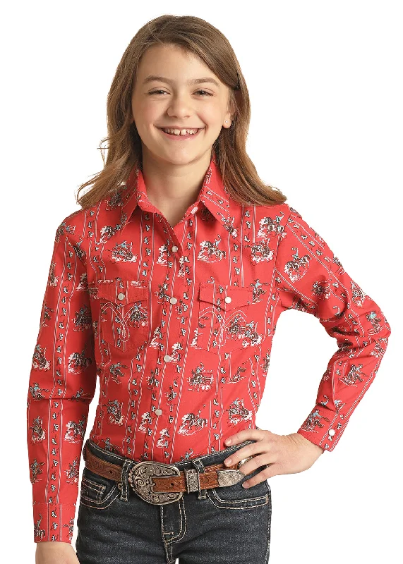 Little Girls Red Retro Print Snap Shirt Embellished Collar Blouse