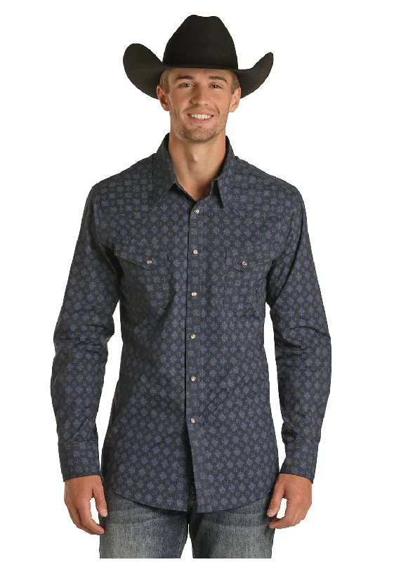 Men's Rock and Roll Long Sleeve Snap Navy Shirt Chic Off-Shoulder Blouse