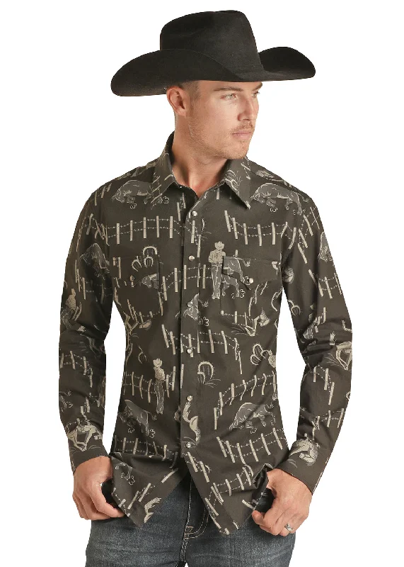 Men's Rock and Roll Retro Print Black Snap Shirt Frilled Cuff Blouse