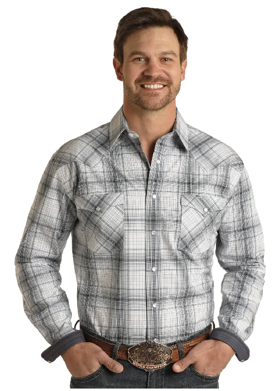 Men's Rough Stock Long Sleeve Plaid Snap Shirt Balloon Sleeve Blouse