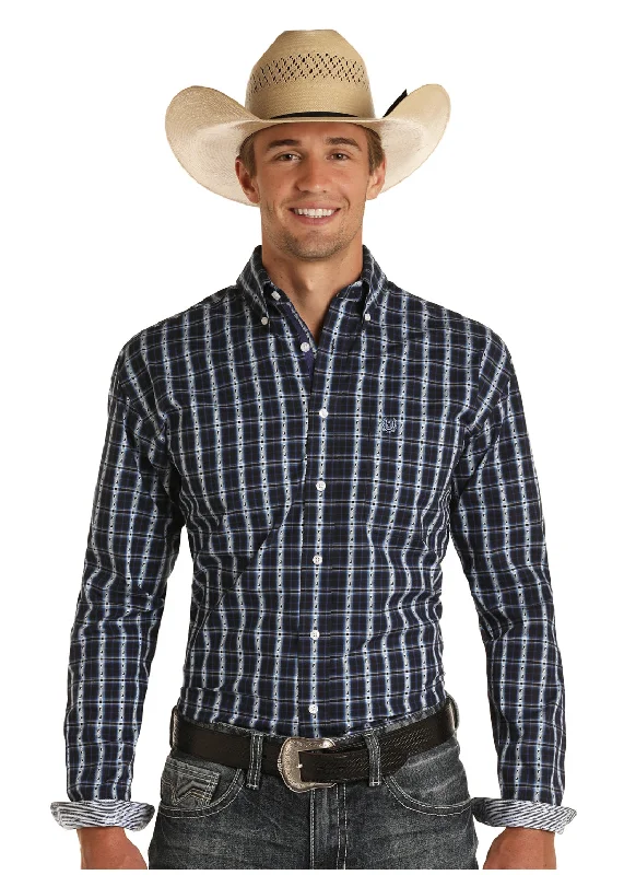 Panhandle Rough Stock Men's Navy Button Down Jacquard Plaid Shirt Smart Business Blouse Panhandle Rough Stock Men's Navy Button Down Jacquard Plaid Shirt Smart Business Blouse