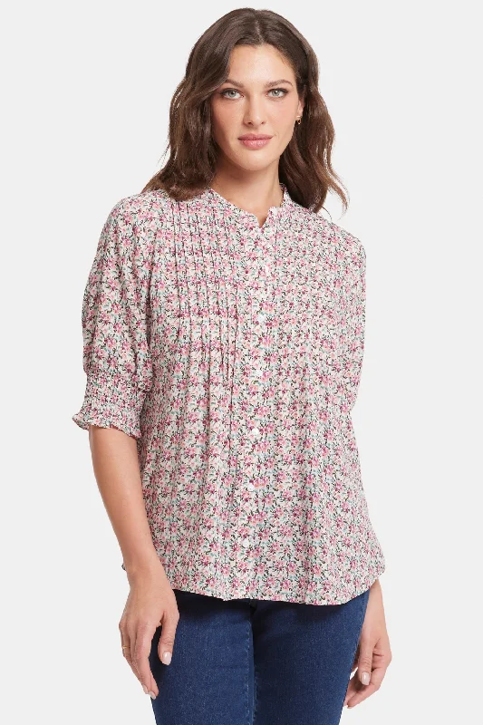 Pleated Short Sleeved Blouse - Woodland Blooms Feminine Tie Blouse