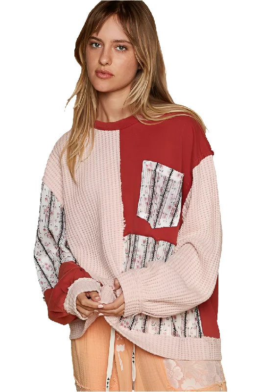 POL Patchwork Retro Floral Exposed Seam Blouse Waffle Knit Top Hippie Boho Shirt Office-Ready Blouse POL Patchwork Retro Floral Exposed Seam Blouse Waffle Knit Top Hippie Boho Shirt Office-Ready Blouse