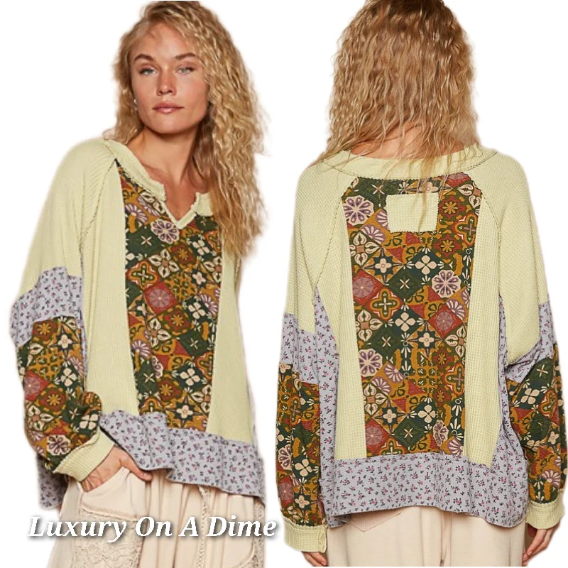 POL Patchwork Waffle Knit Retro Floral Exposed Seam Blouse Top Hippie Boho Shirt Frilled Cuff Blouse POL Patchwork Waffle Knit Retro Floral Exposed Seam Blouse Top Hippie Boho Shirt Frilled Cuff Blouse