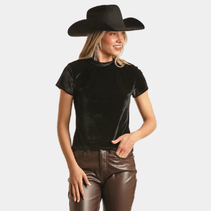 Rock & Roll Denim Black Velvet Short Sleeve Blouse Slim Fit Blouse
