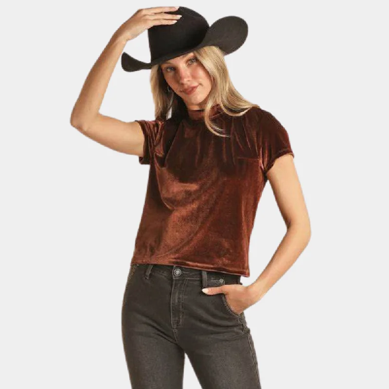 Rock & Roll Denim Brown Velvet Short Sleeve Blouse Peter Pan Blouse