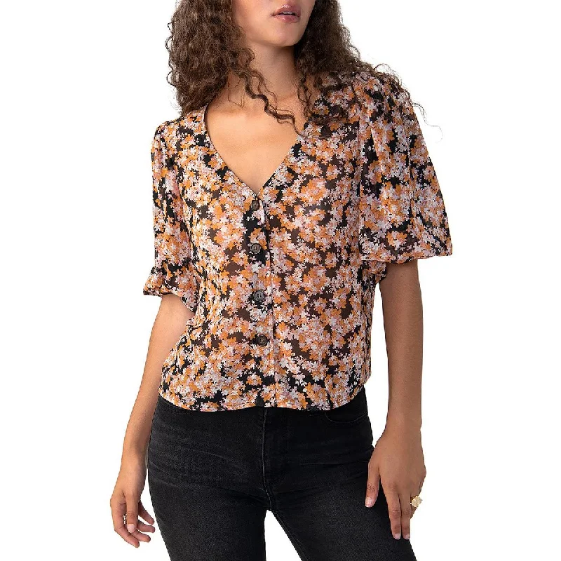 Sanctuary Womens Sheer Puff Sleeve Blouse Classic White Blouse