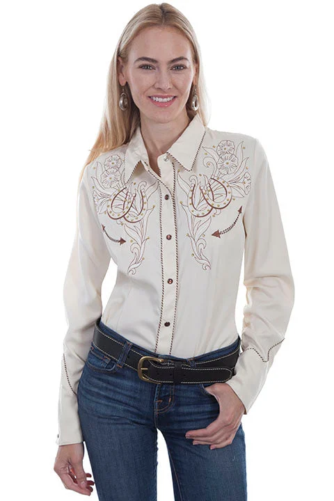 Scully Women's Long Sleeve Ivory Horseshoe Embroidered Snap Shirt Double-Layered Blouse Scully Women's Long Sleeve Ivory Horseshoe Embroidered Snap Shirt Double-Layered Blouse