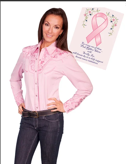 Scully Women's Long Sleeve Pink Embroidered Snap Shirt Wrap Front Blouse