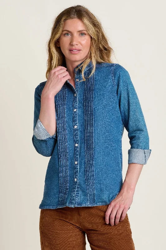 Seatown Denim Blouse Sheer Mesh Blouse