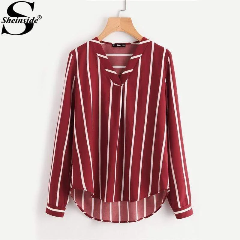 Sheinside Red Striped Work Shirt V-Placket Curved High Low Office Blouse Women Long Sleeve Casual Tops Summer Ladies Blouse Lightweight Tunic Blouse Sheinside Red Striped Work Shirt V-Placket Curved High Low Office Blouse Women Long Sleeve Casual Tops Summer Ladies Blouse Lightweight Tunic Blouse