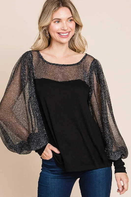 Super Lady Full Size Metallic Mesh Lantern Sleeve Blouse Business Casual Blouse