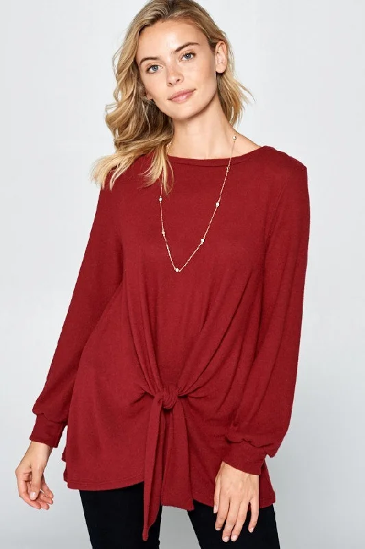 Super Lady Full Size Round Neck Knot Front Hacci Blouse Soft Knit Blouse