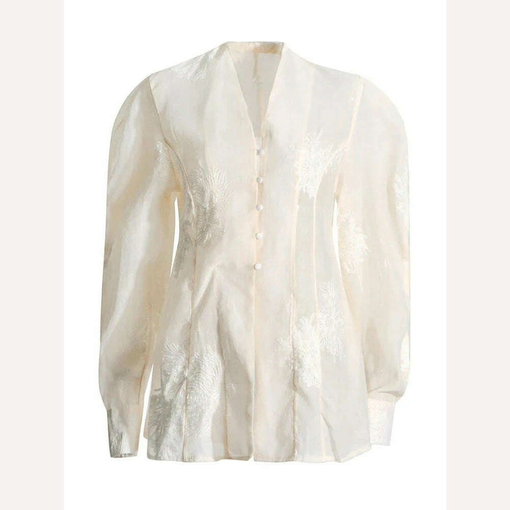 TWOTWINSTYLE Solid Elegant Embroidery Shirt For Women V Neck Long Sleeve Patchwork Button Temperament Blouses Female Style New Stretchy Fitted Blouse TWOTWINSTYLE Solid Elegant Embroidery Shirt For Women V Neck Long Sleeve Patchwork Button Temperament Blouses Female Style New Stretchy Fitted Blouse
