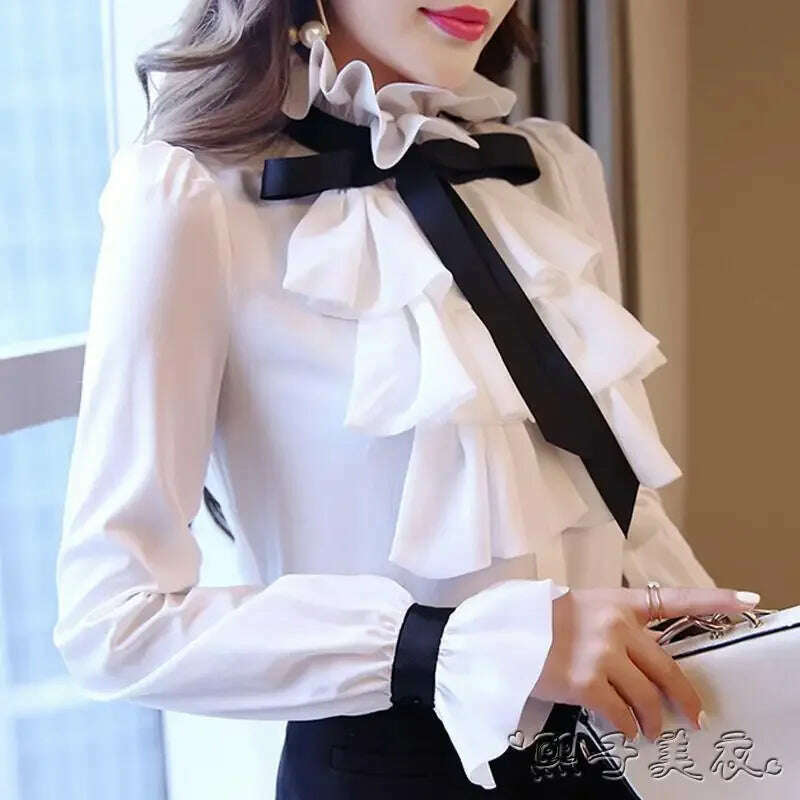 Vintage Ruffled Chiffon Blouse Women's Long Sleeve White Shirt Top for Eye Catching Style Lightweight Chiffon Blouse Vintage Ruffled Chiffon Blouse Women's Long Sleeve White Shirt Top for Eye Catching Style Lightweight Chiffon Blouse