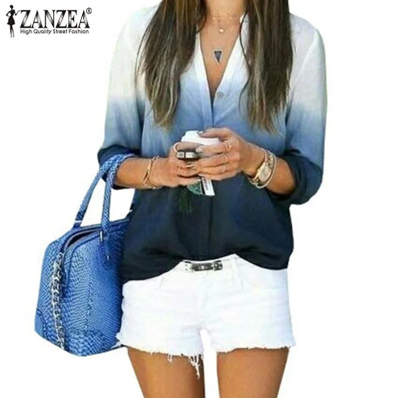 Women  Casual  Long Sleeve V Neck Blouse ombre Chic Square Blouse