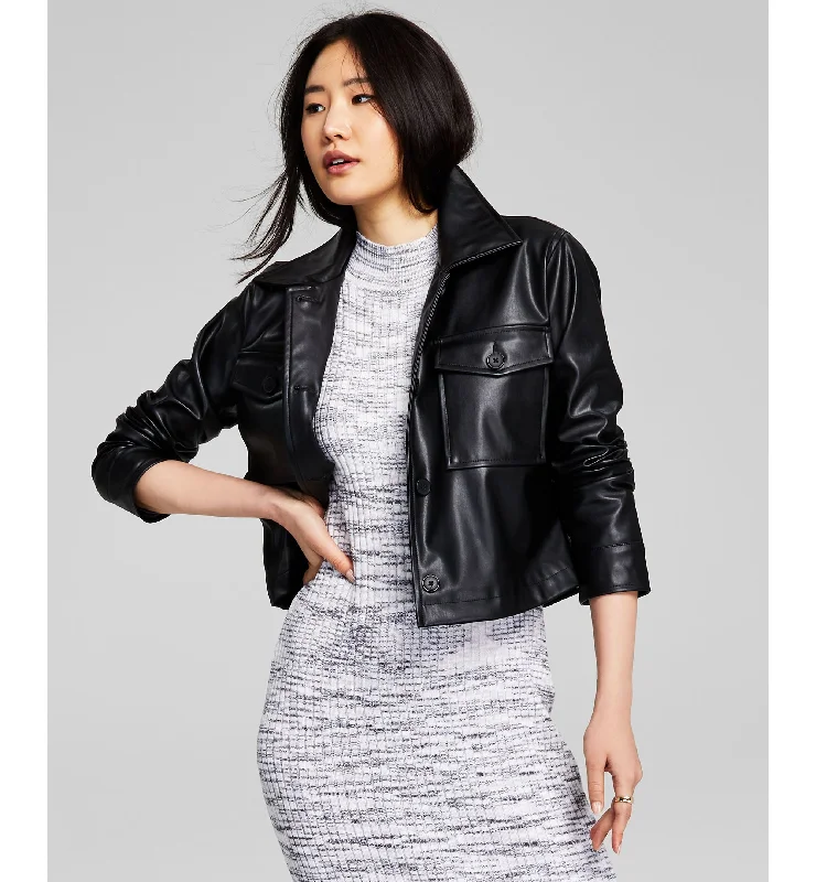 Women's Cropped Faux Leather Shacket Subtle Shimmer Blouse