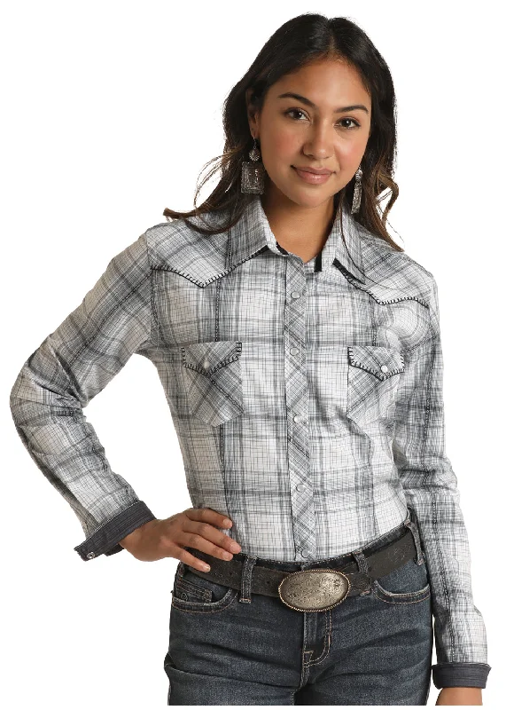 Women's Rough Stock Long Plaid Sleeve Snap Shirt Chic Wrap Blouse