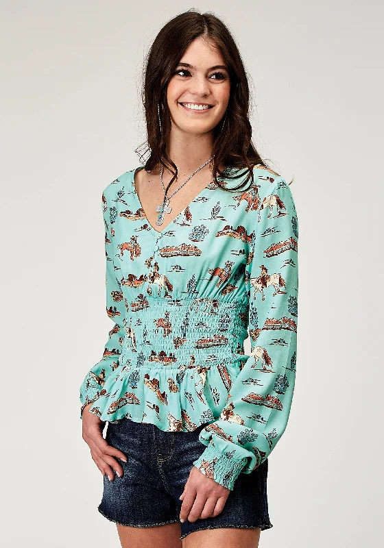 WOMENS LONG SLEEVE BUTTON DESERT TOILE PRINT RAYON PEASANT BLOUSE WITH PEPLUM SHIRRED WAIST Textured Cotton Blouse