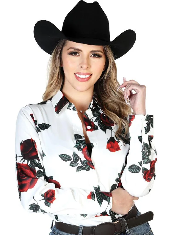 Women's Blouse Shirt L/S Roses 43890 Pleated Collar Blouse