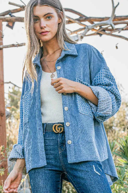 And The Why Button Down Corduroy Contrast Texture Long Sleeve Shacket Feminine Ruffle Blouse