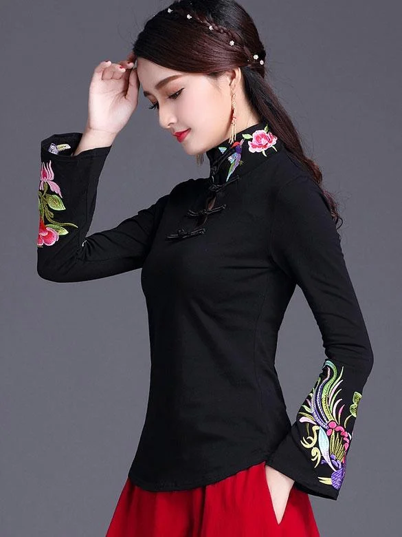 Black White Embroidered Cheongsam Blouse Top Floral Chiffon Blouse
