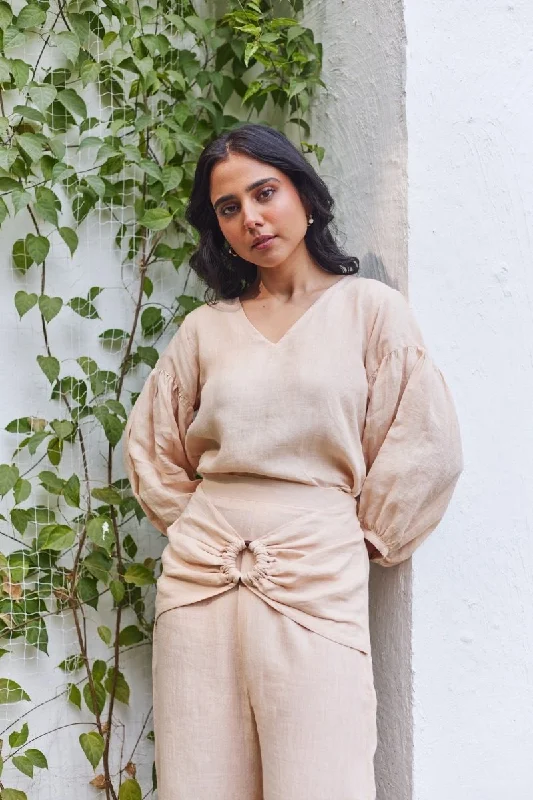 Linen Brick Lane Blouse- Beige Delicate Pleat Blouse