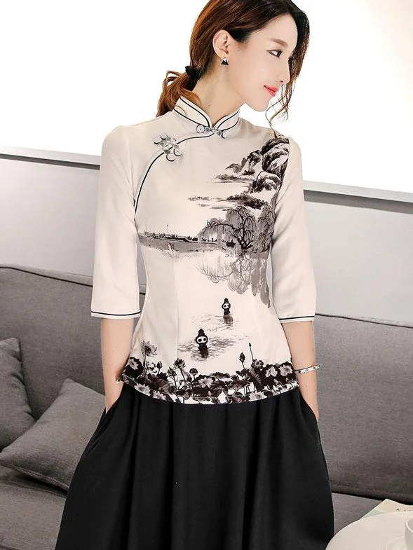Cheongsam Blouse Top in Printed Chinese Painting Business Casual Blouse