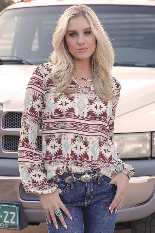 Cruel Denim Ladies Southwest Print Blouse - Cream - CTW7301005 Boho Chic Blouse