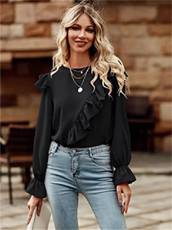 hoombox Elegant Pleated Trim Shirt Long Sleeve Round Neck Lock Hole Casual Solid Color Blouse Shirt Female Chic Wrap Blouse