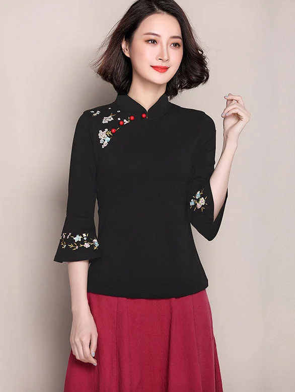 Embroidered Bell Sleeve Stretchy Cheongsam Blouse Chic Off-Shoulder Blouse