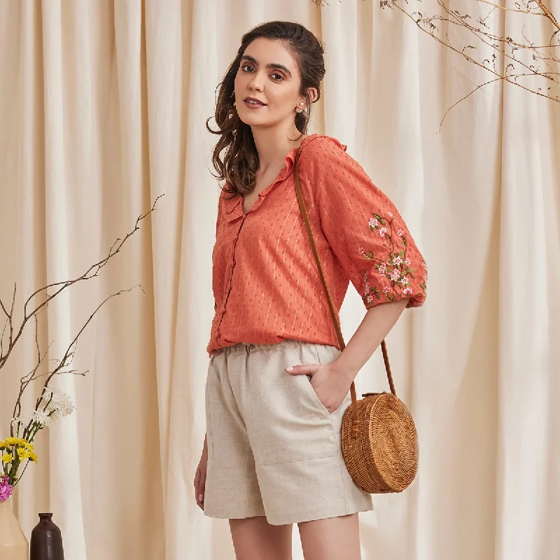 Fiona - Organic Cotton Blouse with Embroidered Sleeves - Orange Peter Pan Blouse