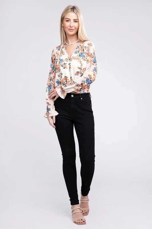 Floral Long-Sleeved Chiffon Blouse Feminine Tie Blouse