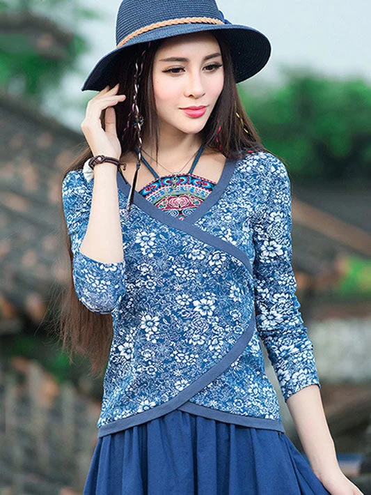 Halter Blue White Floral Top Blouse Flowy Bohemian Blouse