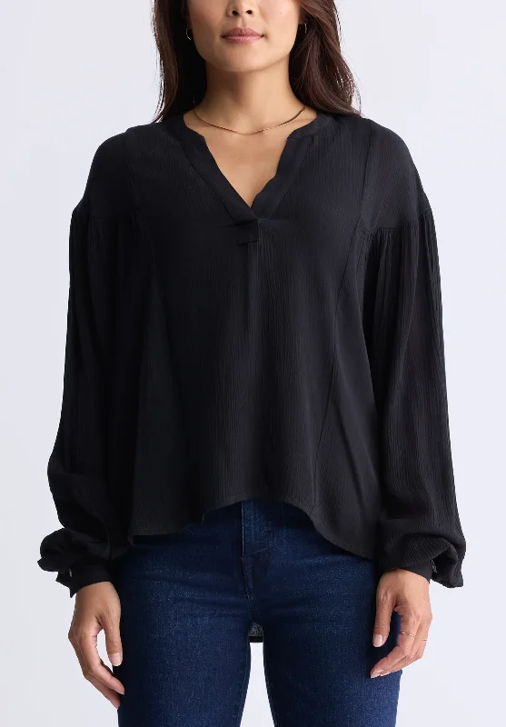 Kensley Women’s Dropped Shoulder V-neck Loose Blouse, Black - WT0119F Casual Button Blouse