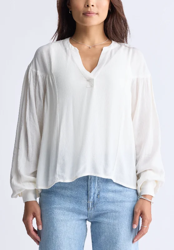 Kensley Women’s Dropped Shoulder V-neck Loose Blouse, White - WT0119F Drape Neck Blouse